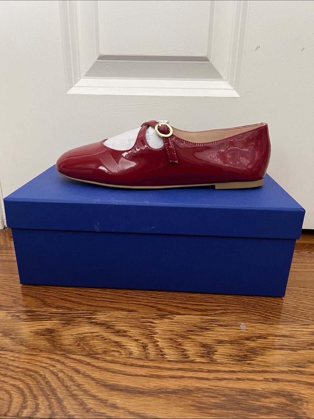 Stuart Weitzman Red Patent MaryJane Flat with Gold Buckle - Picture 6 of 6